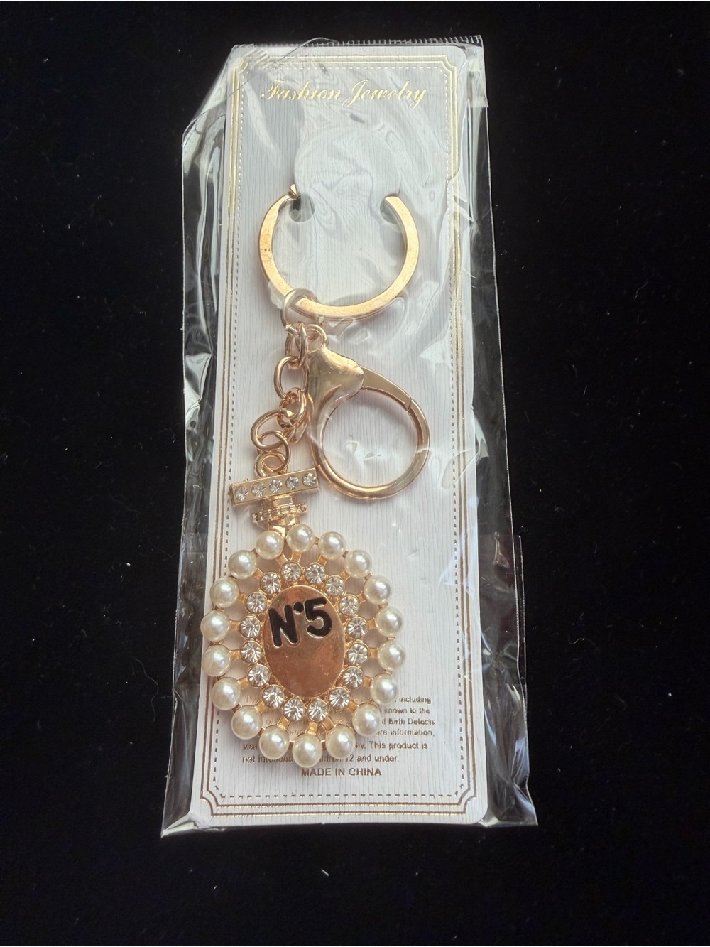 No. 5 Inspired Pearl Rhinestone Keychain Gold Tone Purse Bag Charm